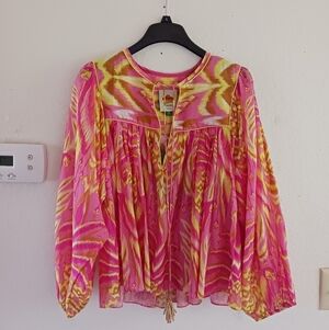 FARM Rio Pineapple Tapestry Tie Neck Top